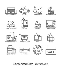 Shopping flat line icons set with sale offer and payment symbols isolated vector illustration