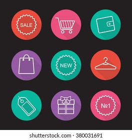 Shopping flat linear long shadow icons set. E-commerce web store symbols. Shopping cart, round sale and new stickers. Clothes hanger, price tag and wallet. Outline logo concepts. Vector illustrations