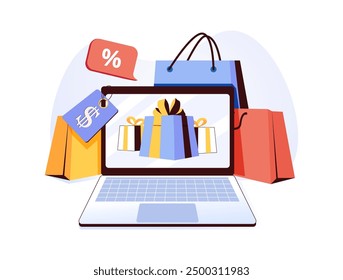 Shopping flat vector concept illustration. Online store, delivery of purchases to the buyer, discounts and coupons, sales, online store technical support around the world, product reviews.