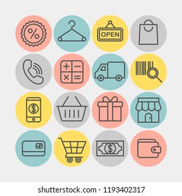 Shopping flat vector icons set. Shopping spree flat vector icons set. In a store flat vector icons set