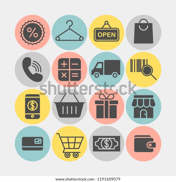 Shopping flat vector icons\
set. Shopping spree flat vector icons set. In a store flat vector\
icons set