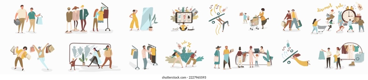 Shopping flat vector illustration set. Happy shoppers, satisfied with purchases, rushing to discounts, trying on clothes. Friendly sellers cartoon characters. Consumerism, sale of clothes.