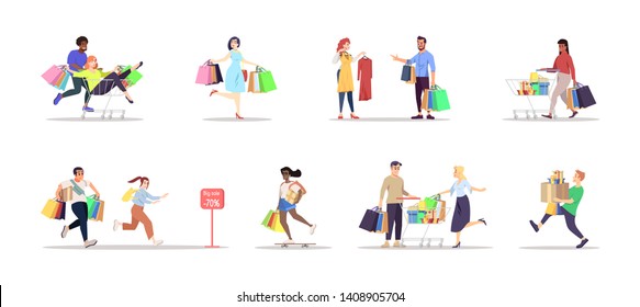 Shopping flat vector illustrations set. People with bags, purchases isolated cartoon characters on white background.  