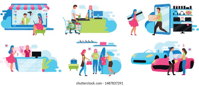 Shopping flat vector illustrations set. Buying goods and services at mall, supermarket, dealership. Purchasing things online and in store. Seller and customer isolated cartoon characters