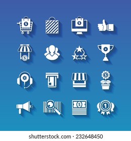 Shopping flat white icons set with long shadows