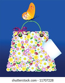 Shopping flowers bag with butterfly. Vector illustration.
