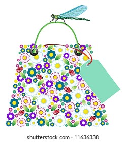 Shopping flowers bag with dragonfly. Vector illustration.