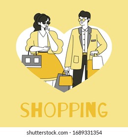 Shopping flyer design template with text space. Man and woman in heart-shaped frame wearing fashionable clothes and carrying shopping packages vector outline cartoon illustration.