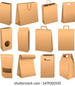Shopping and Food Bags vector set for branding and corporate identity design. Different bags with plastic windows and handles.