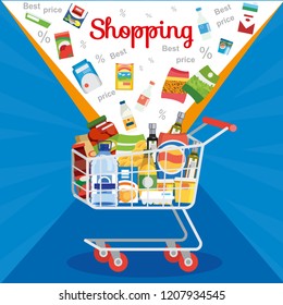 Shopping Food Products on Sale Flat Vector Concept with Groceries Falling in Supermarket Cart or Trolley Illustration in Blue Background. Big Sale and Discounts in Grocery. Best Price for Groceries