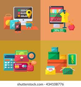 Shopping Four Illustrations Set. Cartoon Simple Style Shopping Objects Collection. Shopping Mall Related Items Vector Bright Color Illustration.
