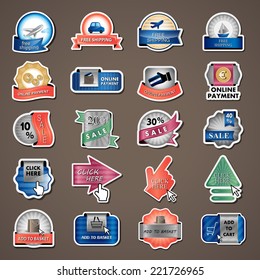 "Shopping" And "Free Shipping" Design Elements, Stickers And Labels In Retro And Vintage Style - Isolated On Background. Vector Illustration, Graphic Design Editable For Your Design 