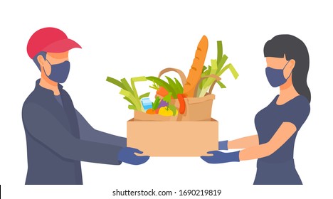 Shopping fresh meal from home isolation. People wear masks, gloves. Protective measures under the conditions of coronavirus. Sickness prevention. Vector flat cartoon illustration on white background.