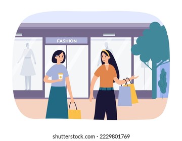 Shopping friends, two girls going to clothes retail. Vector of person buy purchase clothes illustration, girls with bag and clothing