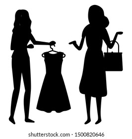Shopping friends vector, isolated characters black silhouette of female. Consultant with dress on hanger, fashion and style advice, shop store flat style. Black friday sale