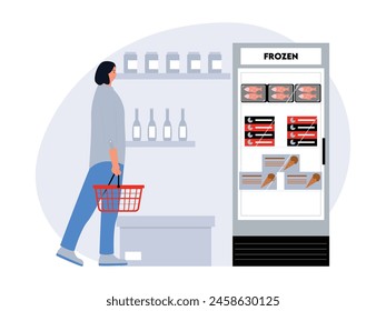 Shopping frozen food for cooking, supermarket vector illustration.