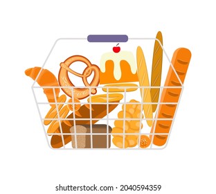 Shopping full basket with bakery food front view. Flat Art Vector Illustration