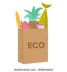 Shopping full of food ECO bag front view isolated on white. Flat Art Vector Illustration