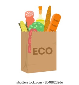 Shopping full of food ECO bag front view isolated on white. Flat Art Vector Illustration