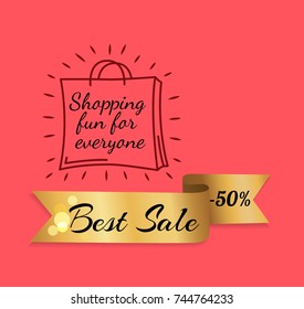 Shopping fun for everyone best offer golden label ribbon with stars isolated on pink. Promotional sale element, decorative tape with promo text vector