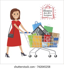 Shopping fun for everyone. Woman in red dress smiles and roll shopping bags and boxes in cart on white background. Have good time during the shopping vector illustration.