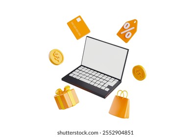 Shopping gadgets floating around laptop online shopping 3d rendering