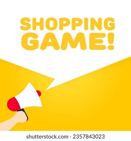 Shopping game icon. Flat, yellow, text from a megaphone, shopping game. Vector icon
