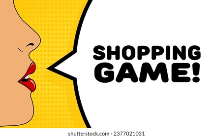 Shopping game sign. Flat, color, talking lips, shopping game sign. Vector icon