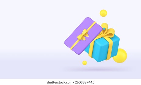 Shopping gift birthday party present box banner copy space vector illustration. Birthday anniversary celebration holiday congratulations festive wrapped package with bow excitement surprise