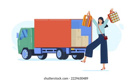 Shopping gift box delivery transportation truck vector illustration illustration. Woman or girl character hold package shop box with beauty product. Box parcel for shop, store goods fast delivery