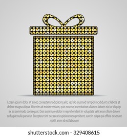 Shopping gift box with gold sequins, glitters, sparkles, paillettes. Christmas, New Year sale element with shiny sequin. Golden dots glitter texture. Metallic glowing. Bright surprise box.