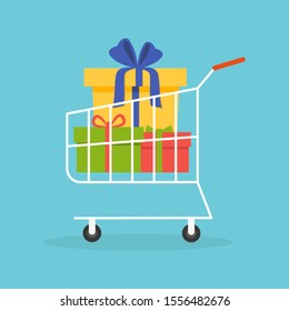 Shopping сart with gift boxes. Flat designe. Big Sale Banner. Vector Illustration.