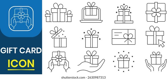 Icono de Vector de Tarjeta de regalo de compras. Caja de regalo, conjunto de iconos de tarjeta. Iconos para, presente Cupón, cumpleaños, sorpresa, Cupón de descuento, tarjeta de crédito, regalo de aniversario. Ilustración vectorial.	