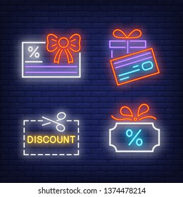 Shopping gift cards neon sign set. Glowing discount coupons, gift box, bow. Colorful billboard, bright banner. Vector illustration in neon style for promotion and loyalty program