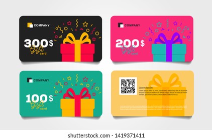 Shopping gift cards template set with gift box and dollar numbers vector illustration, Voucher layout front and back