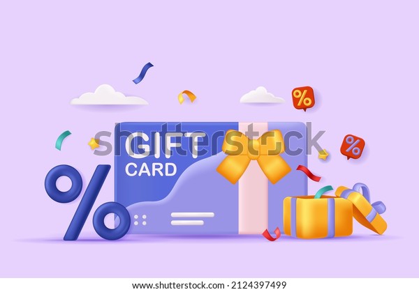 Shopping gift certificate concept 3D illustration.\
Icon composition with card with bow, gift box and discounts on\
purchases. Loyalty program and bonuses. Vector illustration for\
modern web design