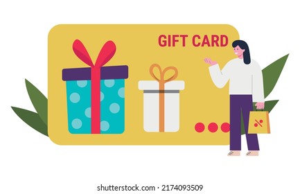 Shopping gift certificate concept illustration. Icon composition with card, gift box and discounts on purchases. Loyalty program and bonuses. Vector illustration for modern web design