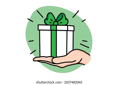 Shopping gift line color icon. Hand holding gift. Holiday promotion sign. Vector isolated object. Editable stroke. 