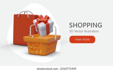 Comprar con regalos. Más compras por un precio. Oferta promocional desde la tienda. Banner moderno para diseño web con imágenes publicitarias 3D, texto, botón