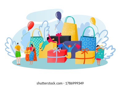 Shopping gifts people vector illustration of happy tiny women and man shoppers characters, huge gift boxes, paper bags and goods. Pleasure of purchase. For sales and discounts in shops, supermarkets.