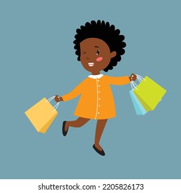Shopping girl. Afro american girl is shopping. Happy girl. Cartoon character.