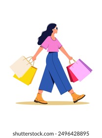 Shopping. Girl with shopping bags. Color vector illustration.