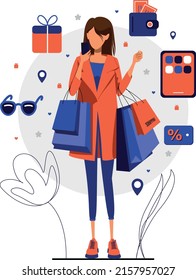 Shopping girl with bags and phone in her hands, gift, glasses, tablet and wallet icons. Vector flat illustration for web, mobile apps, print, onboarding