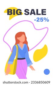 Shopping girl banner. Discounts and promotions, special limited offer. Marketing and commerce, advertising booklet or flyer. Online shopping. Poster or cover. Cartoon flat vector illustration