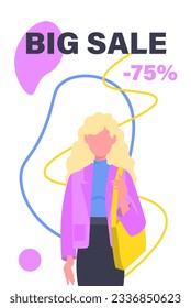 Shopping girl banner. Discounts and promotions, special limited offer. Woman with yellow bag. Marketing and electronic commerce. Cover or poster for website. Cartoon flat vector illustration