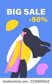 Shopping girl banner. Discounts and promotions, special limited offer. Woman with pink bag near abstract figures. Present and gift. Template, layout and mock up. Cartoon flat vector illustration