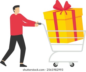 Shopping girl and big gift box, Vector illustration design concept in flat style

