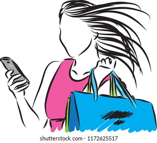 shopping girl with cellphone vector illustration