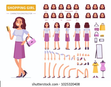 
Shopping Mädchen Charakter Konstruktor für Animation. Vorder-, Seite- und Rückseite. Flache Vektorgrafik im Cartoon-Stil, einzeln auf weißem Hintergrund.  