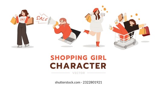 Shopping girl characters set. holding shopping bags with discount and sale promotion. sitting in the shopping cart. money pops up